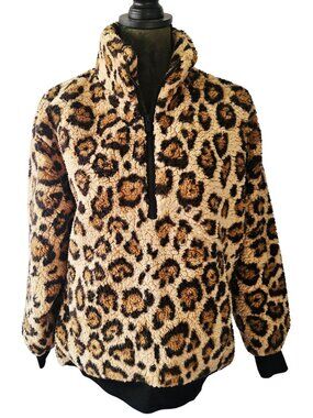 🌟Like New🌟 Express Animal Print Half-Zip Teddy Jacket, Tan/Brown/Black Size XS